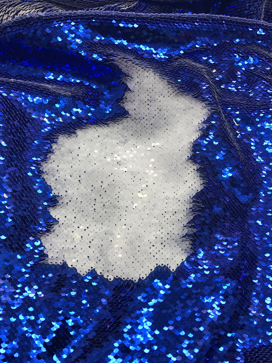 NEW flip up sequins royal/white on spandex base 2way stretch 58/60" Sold by the YD. Ships worldwide from Los Angeles California USA