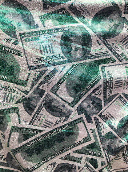 Nylon spandex 100 dollars bill design metallic all over foil 4way Stretch 58/60" Sold by the YD. Ships worldwide from Los Angeles California