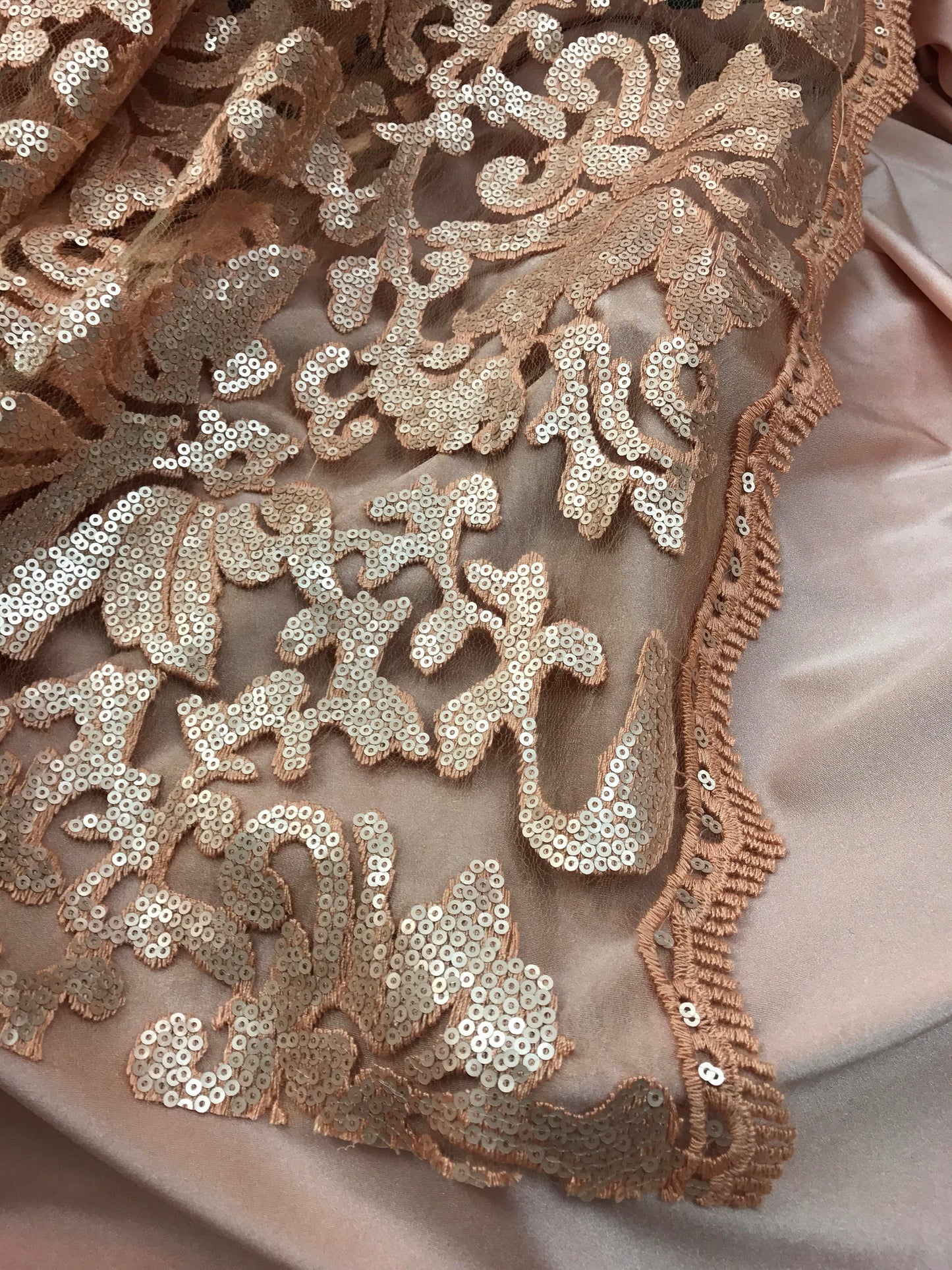Lace Beyonce design 2way Stretch blush peach color 55/57" Sold by the YD. Ships worldwide from Los Angeles California USA
