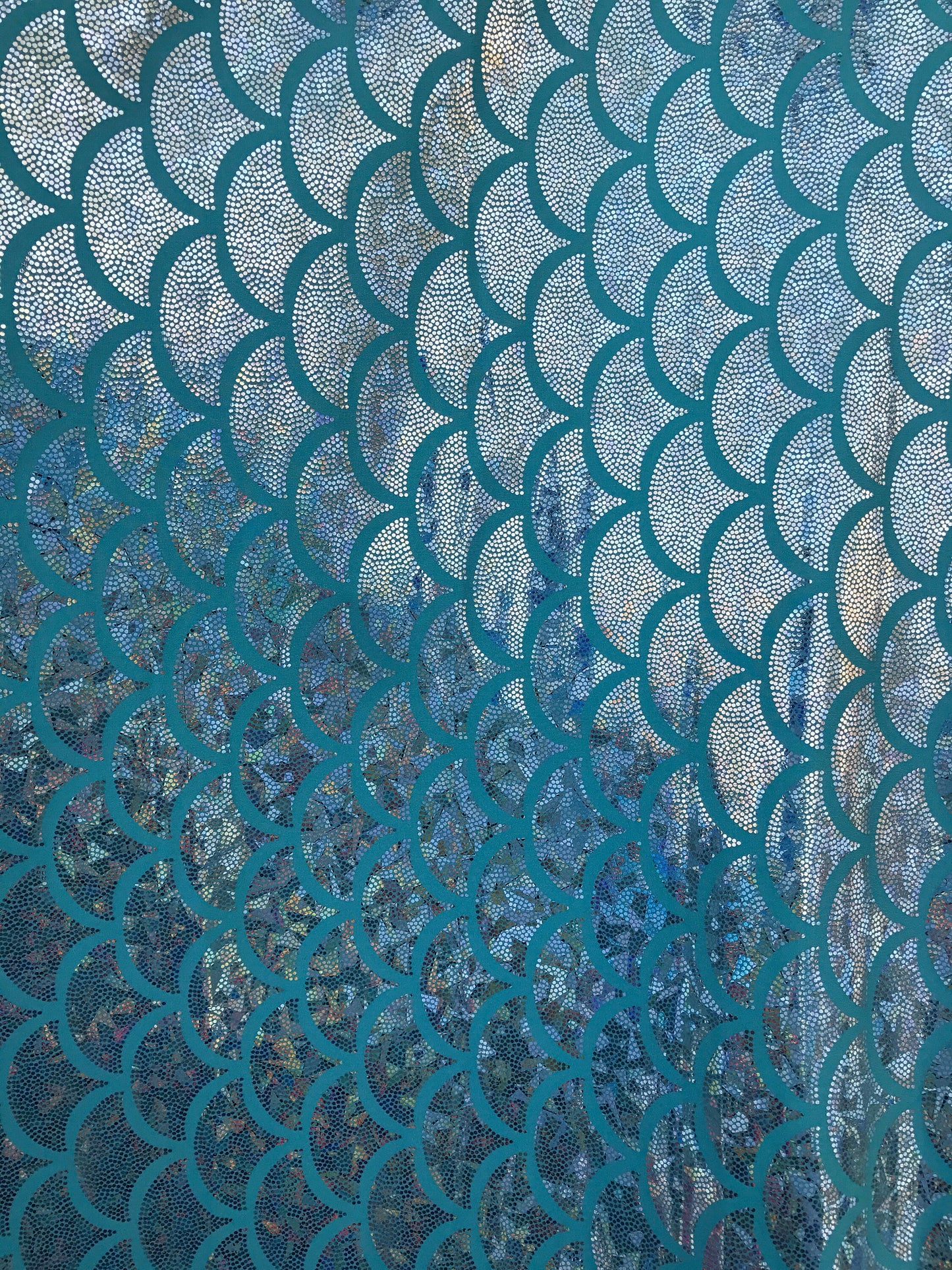 NEW Hologram aqua silver jumbo size mermaid design on nylon spandex 4way Stretch 58/60" Sold by the YD. Ships worldwide from Los Angeles CA