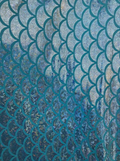 NEW Hologram aqua silver jumbo size mermaid design on nylon spandex 4way Stretch 58/60" Sold by the YD. Ships worldwide from Los Angeles CA
