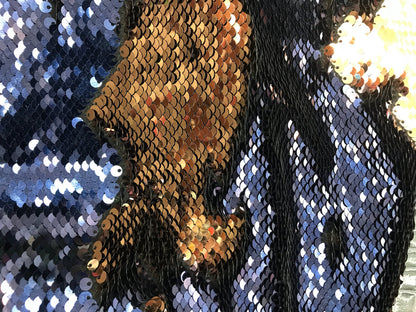 New flip up sequins Navy/bronce  on spandex base2 way stretch  58/60" Sold by the YD. Ships worldwide from Los Angeles California.