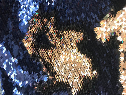 New flip up sequins Navy/bronce  on spandex base2 way stretch  58/60" Sold by the YD. Ships worldwide from Los Angeles California.