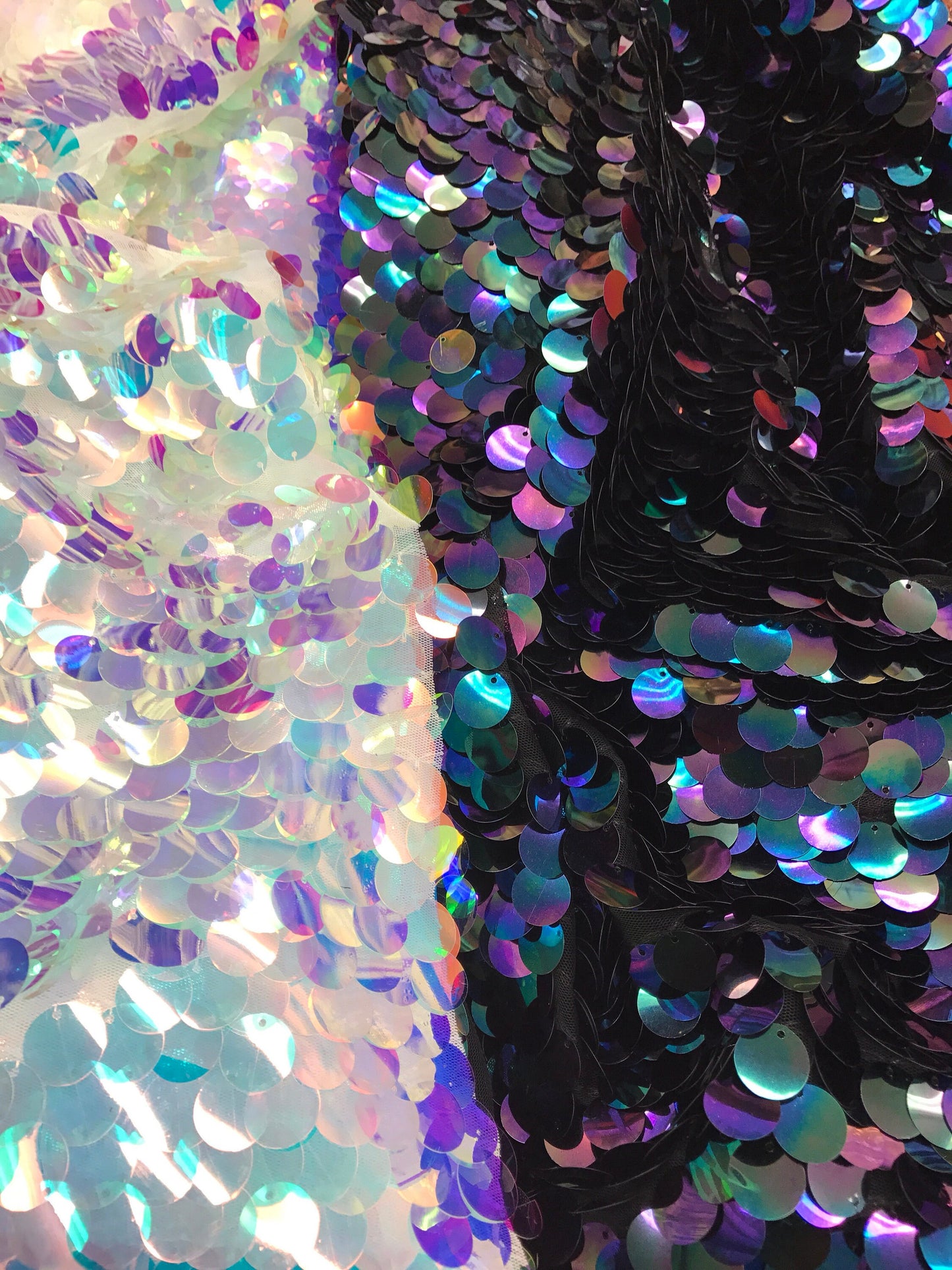 NEW iridescent white & iridescent black paillette Sequins on stretch mesh 2way 57/58" Sold by the YD. Ships worldwide from Los Angeles CA