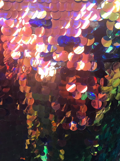 New Iridescent gold rose with zafiro blue 3 tone paillette sequins 20mm on stretch mesh 58/60" Sold by the YD. Ships worldwide from L.A CA