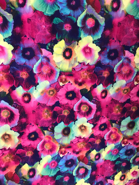 New nylon spandex flower design multicolor 4way Stretch 58/60" Sold by the YD. Ships worldwide from Los Angeles California USA