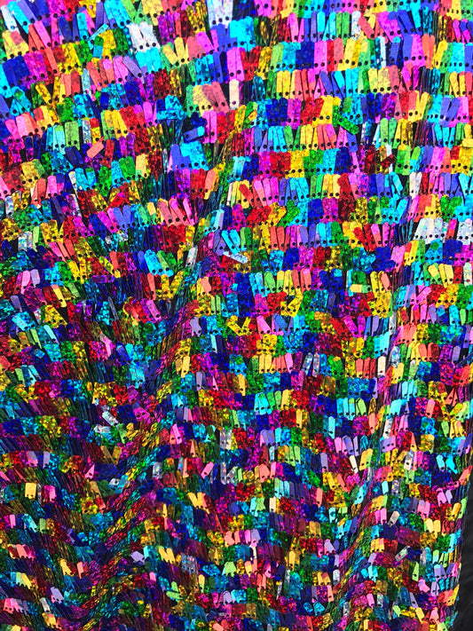 New Multicolor piano sequins on stretch mesh 2way stretch 58/60" Sold by the YD. Ships worldwide from Los Angeles California USA