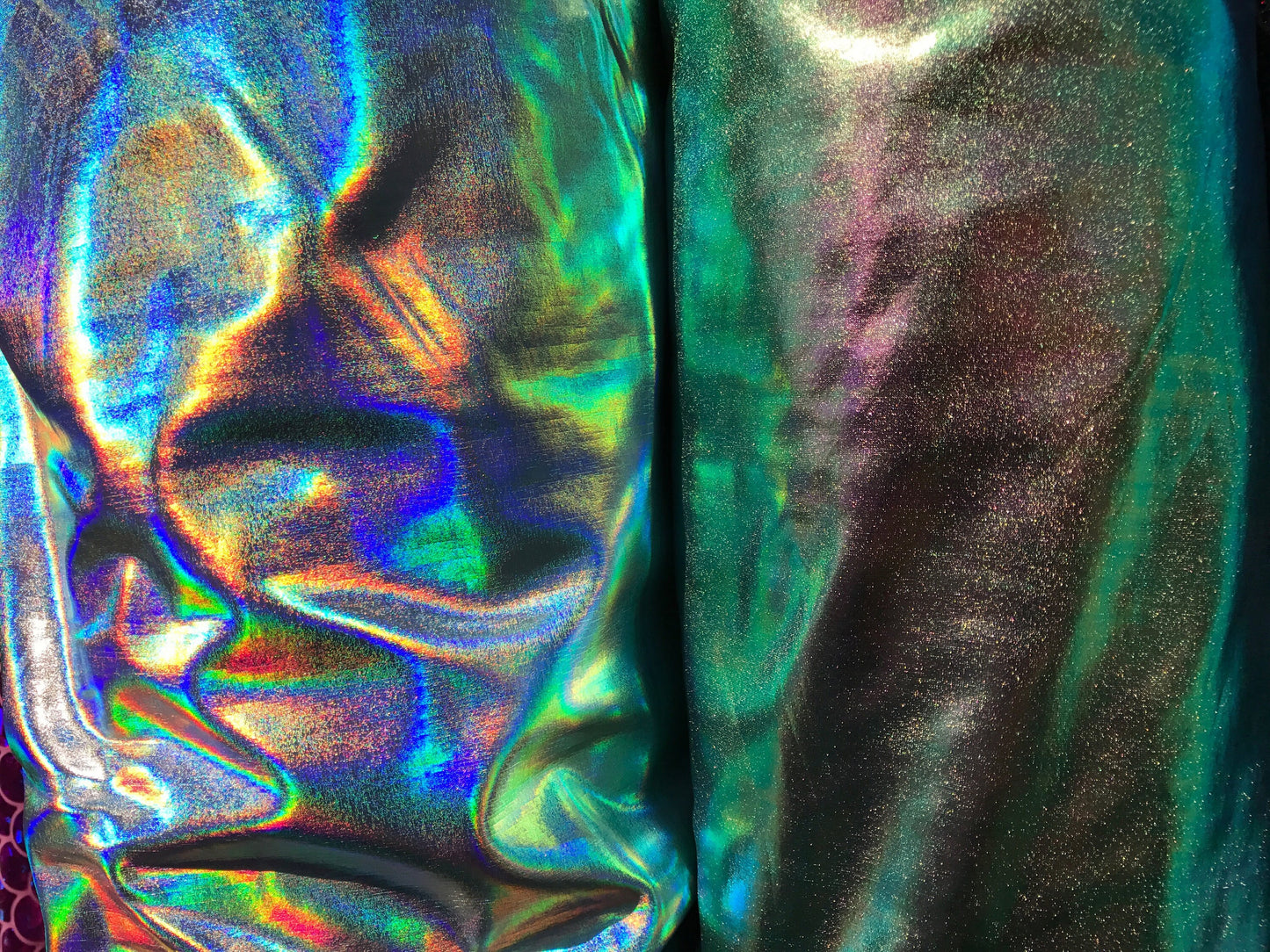 All over foil iridescent silver and Iridescent green color nylon spandex 4way stretch 58/60" Sold by the YD. Ships from Los Ángeles CA USA