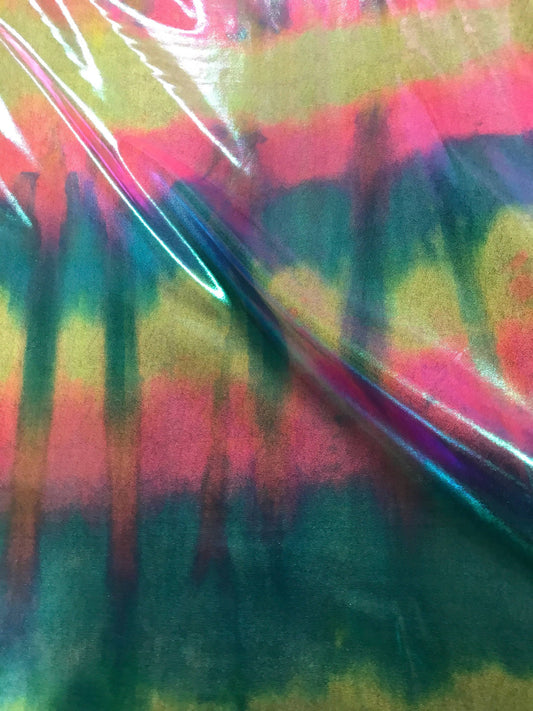 New tie dye Mistik foggy foil nylon spandex 4way stretch 58/60" Sold by the YD. Ships worldwide from Los Angeles California USA