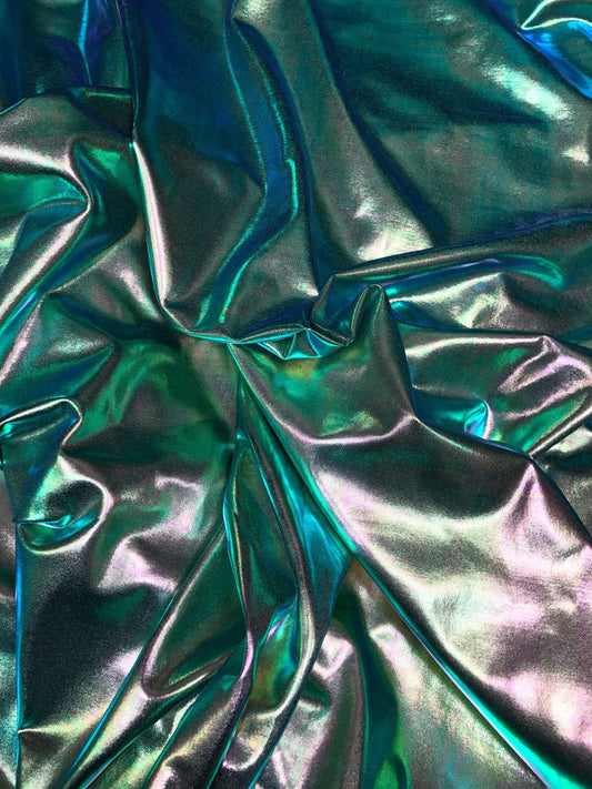 All over foil iridescent green foil on nylon spandex 4way stretch 58/60" 80%nylon; 20 span Sold by the YD. Ships worldwide from Los Ángeles.