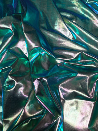 All over foil iridescent green foil on nylon spandex 4way stretch 58/60" 80%nylon; 20 span Sold by the YD. Ships worldwide from Los Ángeles.