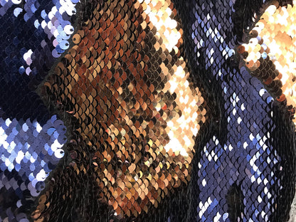 New flip up sequins Navy/bronce  on spandex base2 way stretch  58/60" Sold by the YD. Ships worldwide from Los Angeles California.