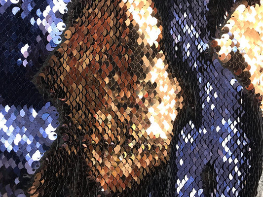 New flip up sequins Navy/bronce  on spandex base2 way stretch  58/60" Sold by the YD. Ships worldwide from Los Angeles California.