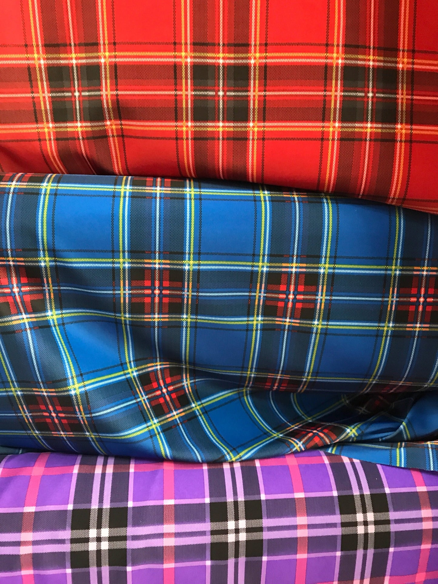 New nylon spandex plaid design 4way stretch many colors in stock 58/60" Sold by the YD. Ships worldwide from Los Ángeles California USA