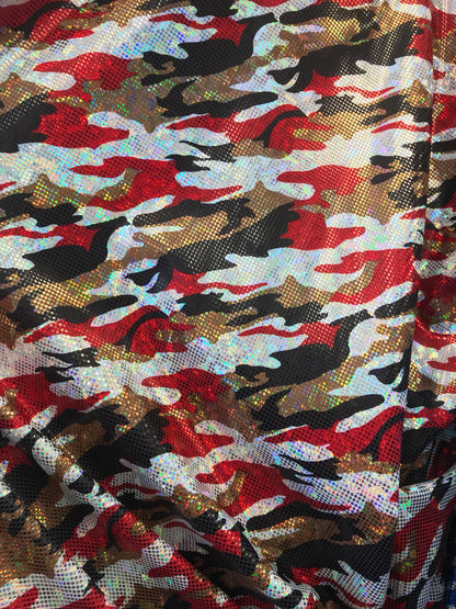 New camouflage nylon spandex metallic hologram foil multicolor 4way stretch 58/60" Sold by the YD. Ships worldwide from Los Angeles CA, USA.