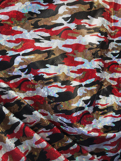 New camouflage nylon spandex metallic hologram foil multicolor 4way stretch 58/60" Sold by the YD. Ships worldwide from Los Angeles CA, USA.