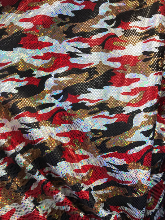 New camouflage nylon spandex metallic hologram foil multicolor 4way stretch 58/60" Sold by the YD. Ships worldwide from Los Angeles CA, USA.