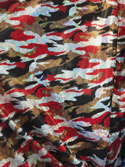 New camouflage nylon spandex metallic hologram foil multicolor 4way stretch 58/60" Sold by the YD. Ships worldwide from Los Angeles CA, USA.