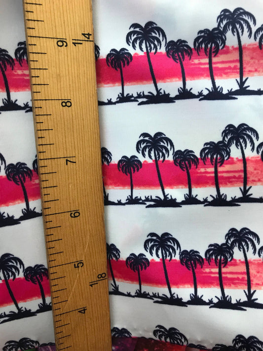 New palm tree design white/navy/pink 4way nylon spandex 58/60" Sold by the YD. Ships worldwide from Los Angeles California USA