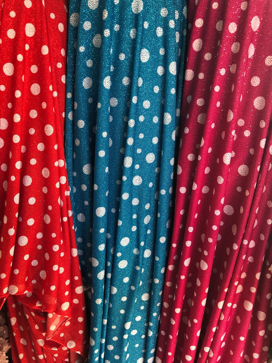 New spandex polka dots Design with glitter 4 way stretch 58/60" Sold by the YD. Ships worldwide from Los Angeles California USA.