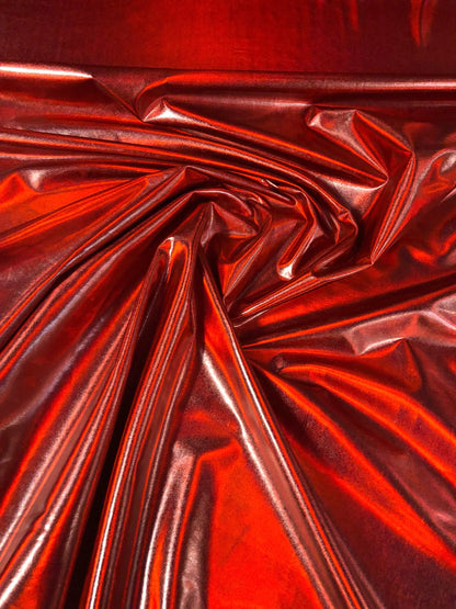 New iridescent red all over foil metallic nylon spandex 4way stretch 58/60" Sold bu the YD. Ships worldwide from Los Angeles California USA