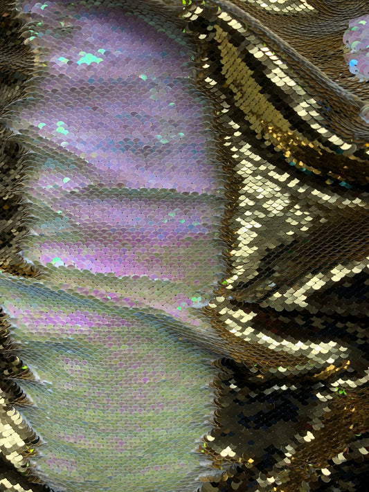 New flip up sequins gold/ilusión reversible sequins on spandex base 2 way stretch 58/60" Sold by the YD. Ships worldwide from Los Angeles CA