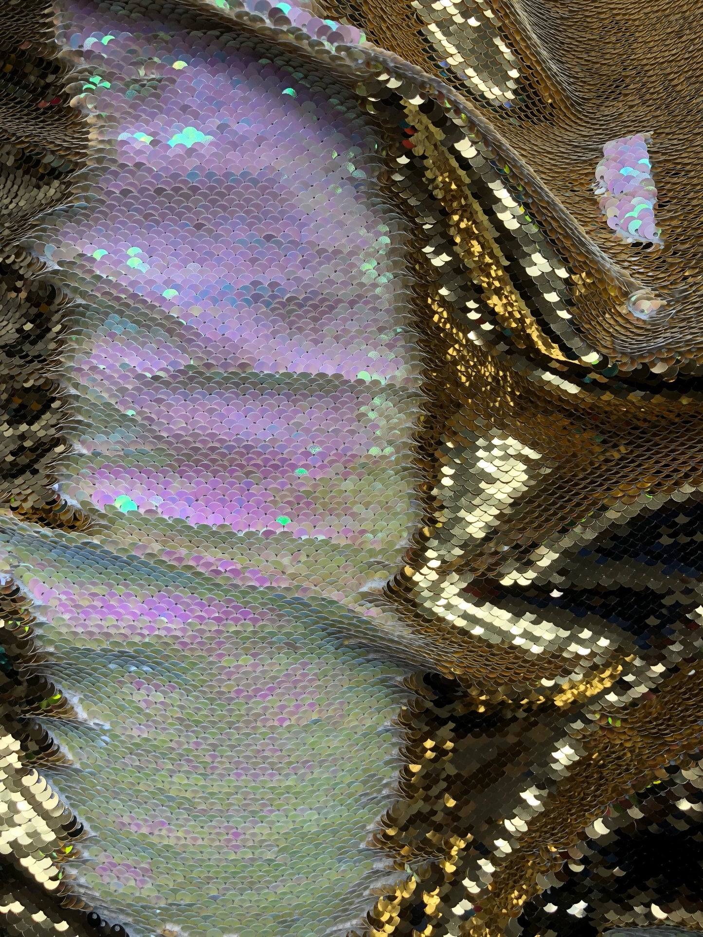 New flip up sequins gold/ilusión reversible sequins on spandex base 2 way stretch 58/60" Sold by the YD. Ships worldwide from Los Angeles CA
