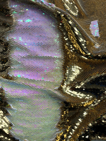 New flip up sequins gold/ilusión reversible sequins on spandex base 2 way stretch 58/60" Sold by the YD. Ships worldwide from Los Angeles CA
