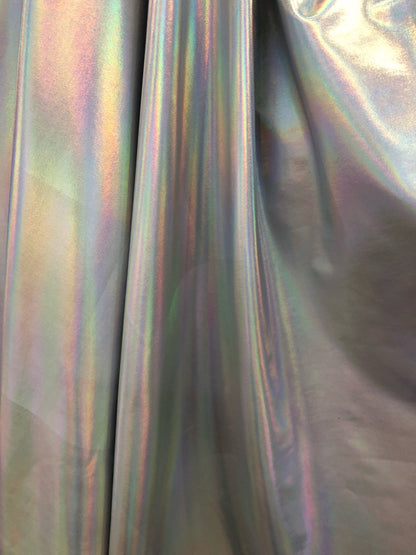 New iridescent all over foil nylon spandex 4way Stretch 58/60" Sold by the YD. Ships worldwide from Los Angeles California USA.