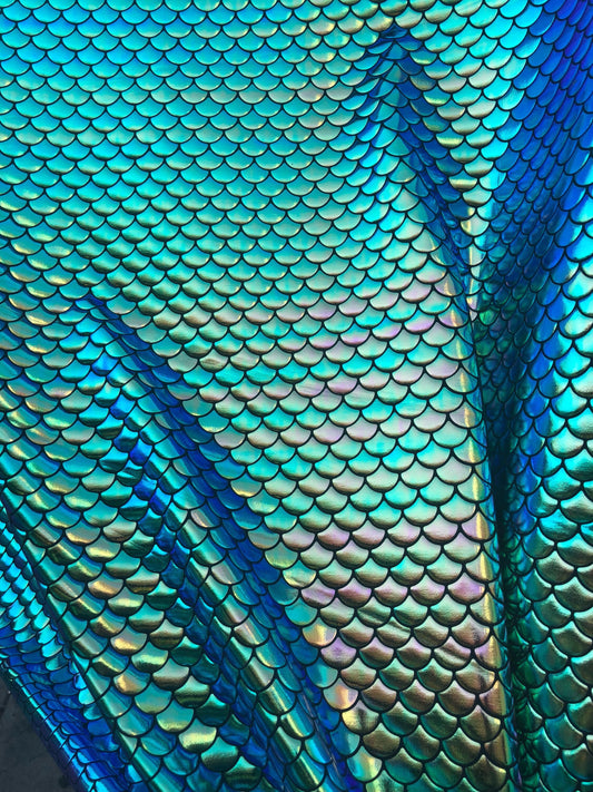 Mermaid design fish scael green with blue turquoise effect Nylon 4way Stretch 58/60" Sold by the YD. Ships worldwide from Los Angeles CA USA