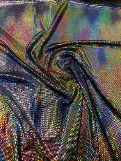 New iridescent lava foil on stretch velvet 4way Stretch 58/60" Sold by the YD. Ships worldwide from Los Angeles California USA.