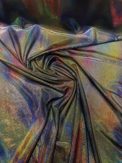 New iridescent lava foil on stretch velvet 4way Stretch 58/60" Sold by the YD. Ships worldwide from Los Angeles California USA.