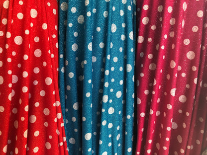 New spandex polka dots Design with glitter 4 way stretch 58/60" Sold by the YD. Ships worldwide from Los Angeles California USA.