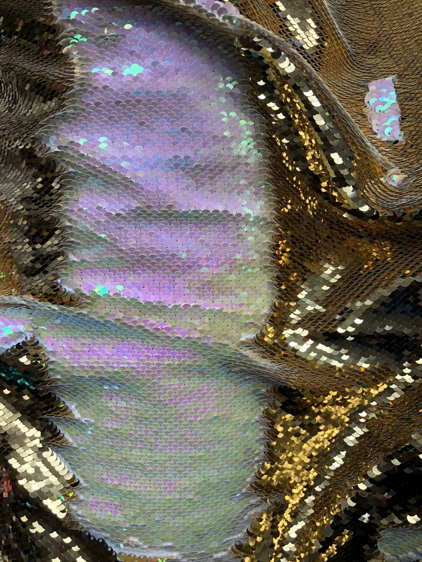 New flip up sequins gold/ilusión reversible sequins on spandex base 2 way stretch 58/60" Sold by the YD. Ships worldwide from Los Angeles CA