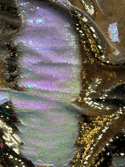 New flip up sequins gold/ilusión reversible sequins on spandex base 2 way stretch 58/60" Sold by the YD. Ships worldwide from Los Angeles CA