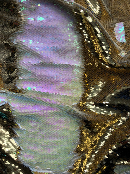 New flip up sequins gold/ilusión reversible sequins on spandex base 2 way stretch 58/60" Sold by the YD. Ships worldwide from Los Angeles CA