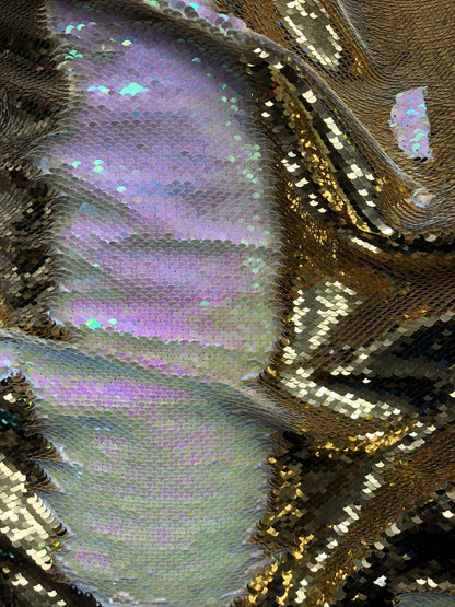 New flip up sequins gold/ilusión reversible sequins on spandex base 2 way stretch 58/60" Sold by the YD. Ships worldwide from Los Angeles CA