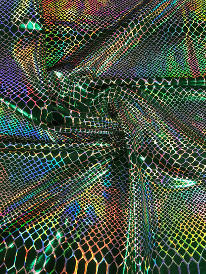 New iridescent Dragon design hologram two time foil print nylon spandex 4way Stretch 58/60" Sold by the YD. Ships worldwide from L.A CA USA