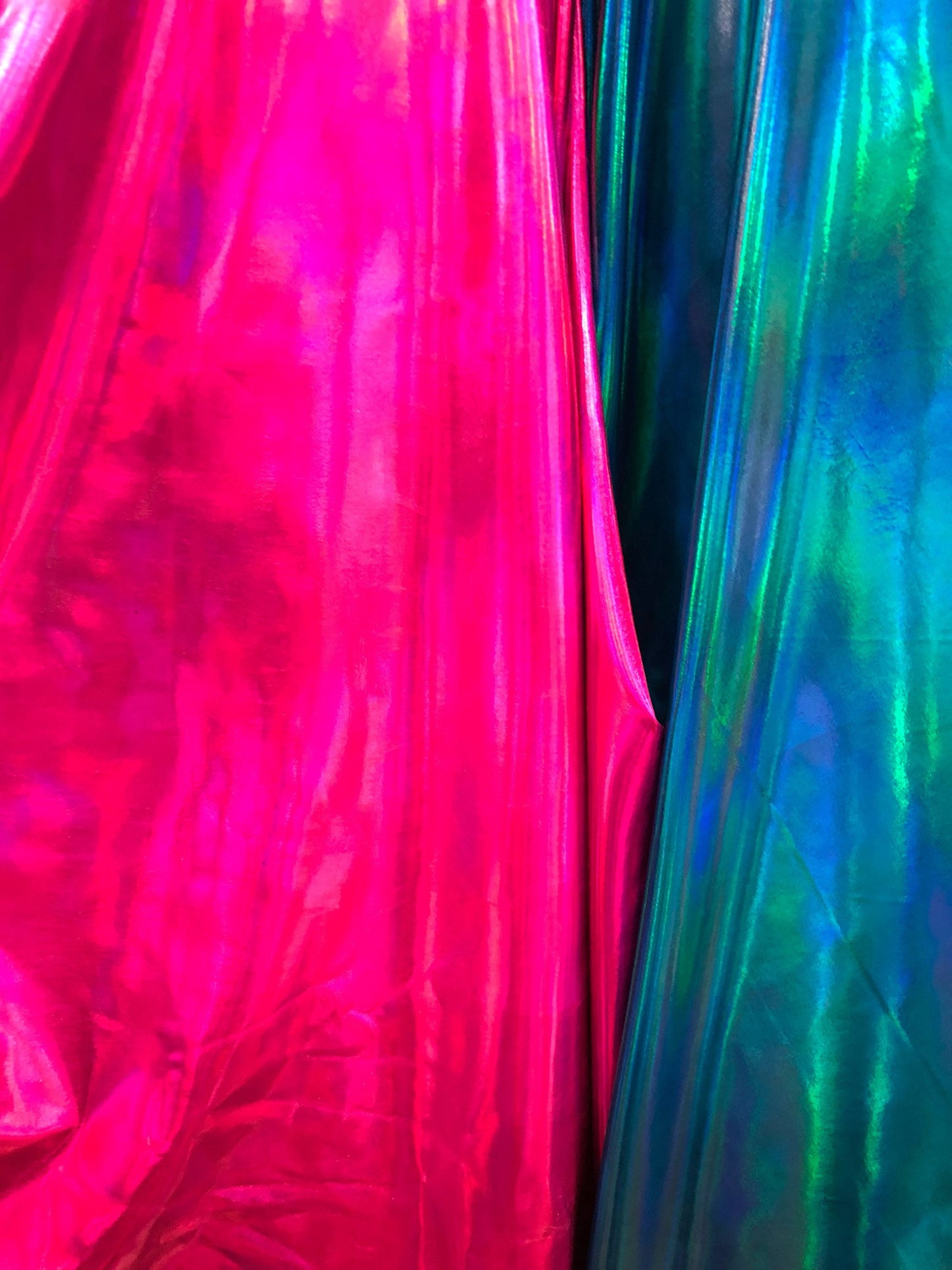 New iridescent all over foil nylon spandex 4way Stretch 58/60" Sold by the YD. Ships worldwide from Los Angeles California USA.