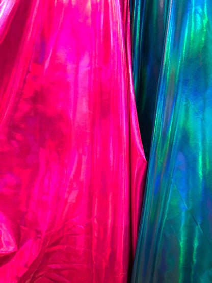 New iridescent all over foil nylon spandex 4way Stretch 58/60" Sold by the YD. Ships worldwide from Los Angeles California USA.