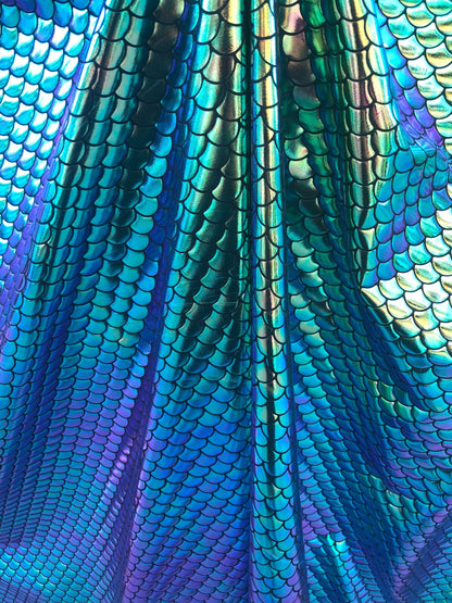 Mermaid design fish scael green with blue turquoise effect Nylon 4way Stretch 58/60" Sold by the YD. Ships worldwide from Los Angeles CA USA