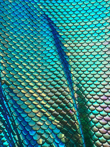 Mermaid design fish scael green with blue turquoise effect Nylon 4way Stretch 58/60" Sold by the YD. Ships worldwide from Los Angeles CA USA