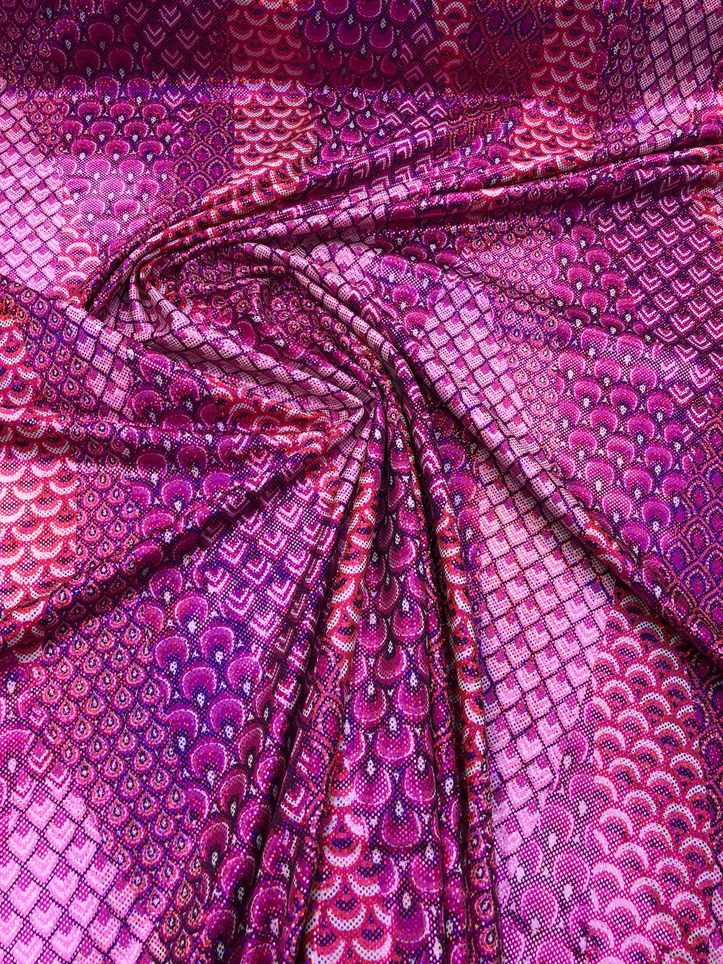 New peacock design with hologram foil nylon spandex 4way Stretch 58/60" Sold by the YD. Ships worldwide from Los Angeles CA USA.