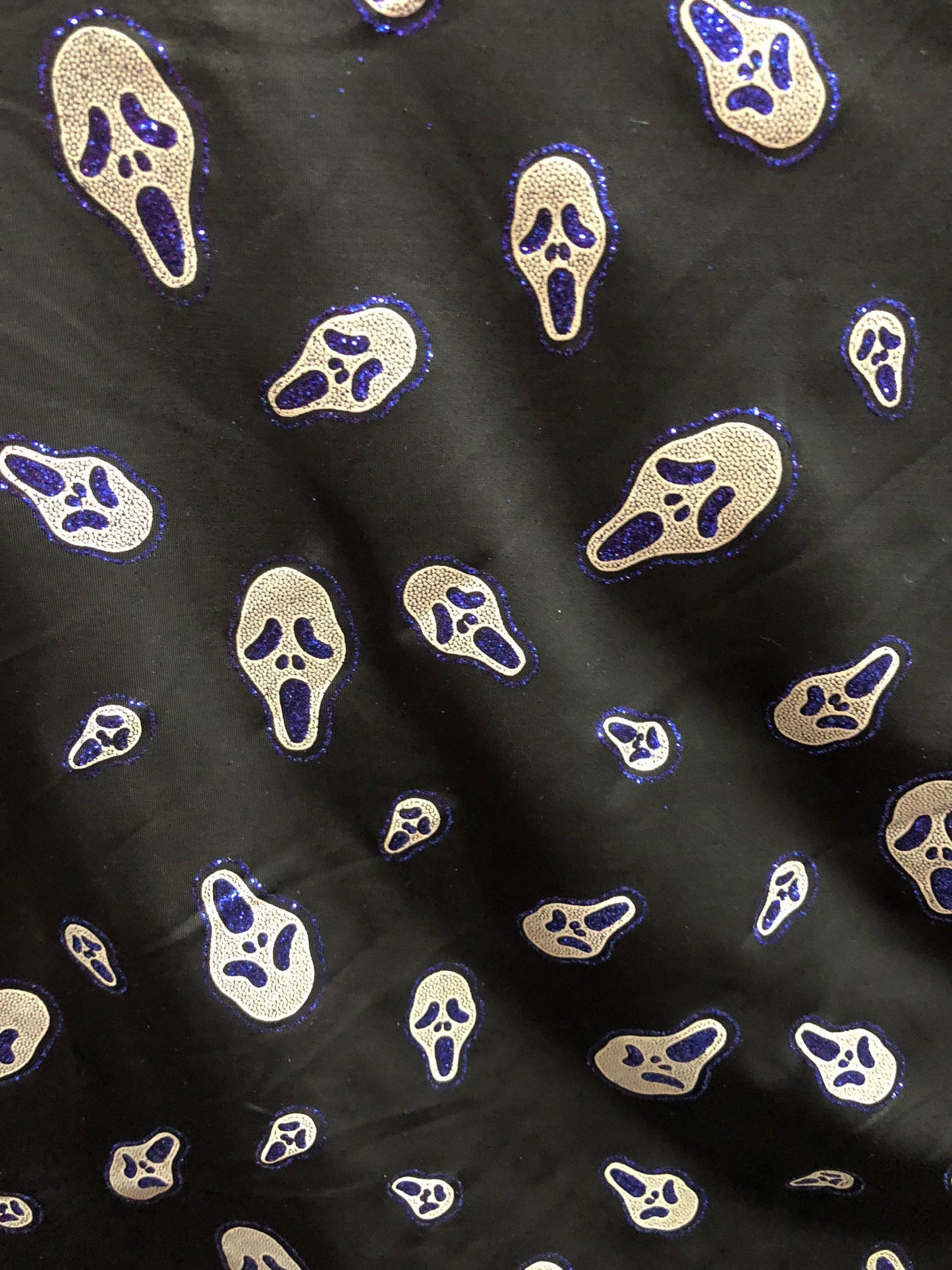 New black spandex ghost design 4way Stretch 58/60" Sold by the YD. Ships worldwide from Los Angeles California USA.