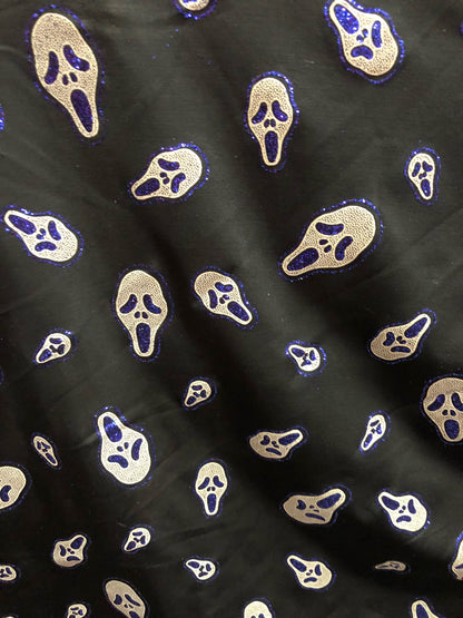 New black spandex ghost design 4way Stretch 58/60" Sold by the YD. Ships worldwide from Los Angeles California USA.