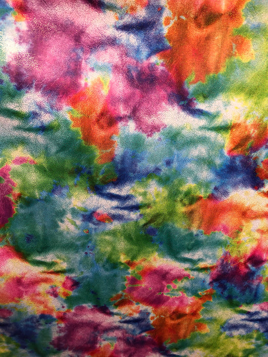 New tie dye nylon spandex with foil all over 4way Stretch 58/60" Sold by the YD. Ships worldwide from Los Angeles California USA.