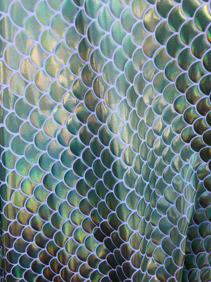 New mermaid fish scale iridescent olive green foil on nylon spandex 4way Stretch 58/60" Sold by the YD. Ships worldwide from Los Angeles CA.