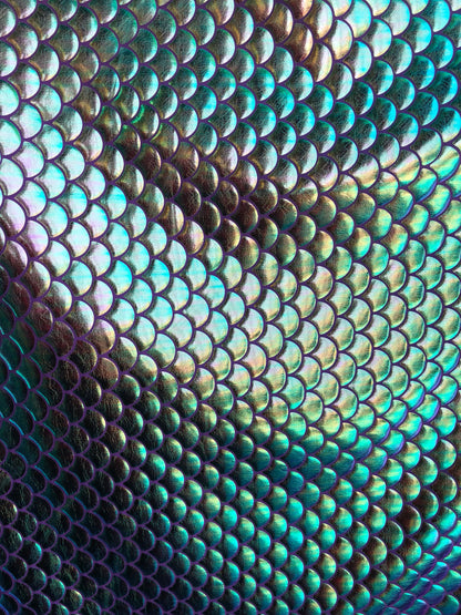 New mermaid design iridescent purple green fish scales foil 4way Stretch 58/60" Sold by the YD. Ships Worldwide from Los Angeles California.