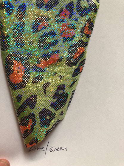 Nylon spandex leopard design Hologram foil all over on nylon spandex 4way Stretch 58/60" Sold by the YD. Ships worldwide from Los Angeles CA