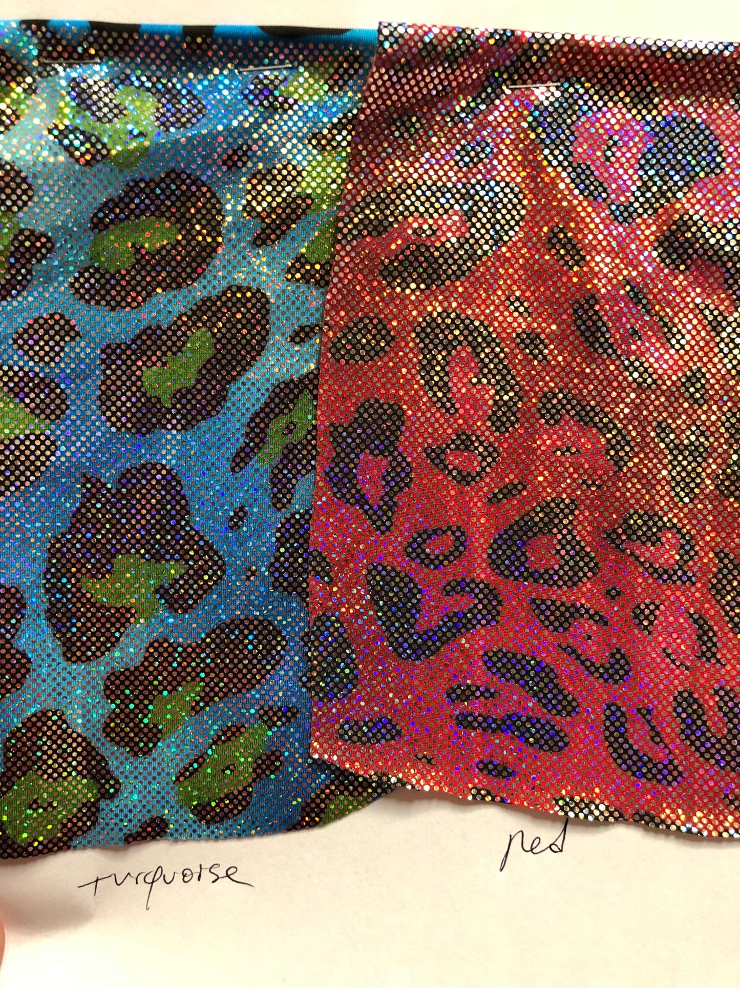 Nylon spandex leopard design Hologram foil all over on nylon spandex 4way Stretch 58/60" Sold by the YD. Ships worldwide from Los Angeles CA